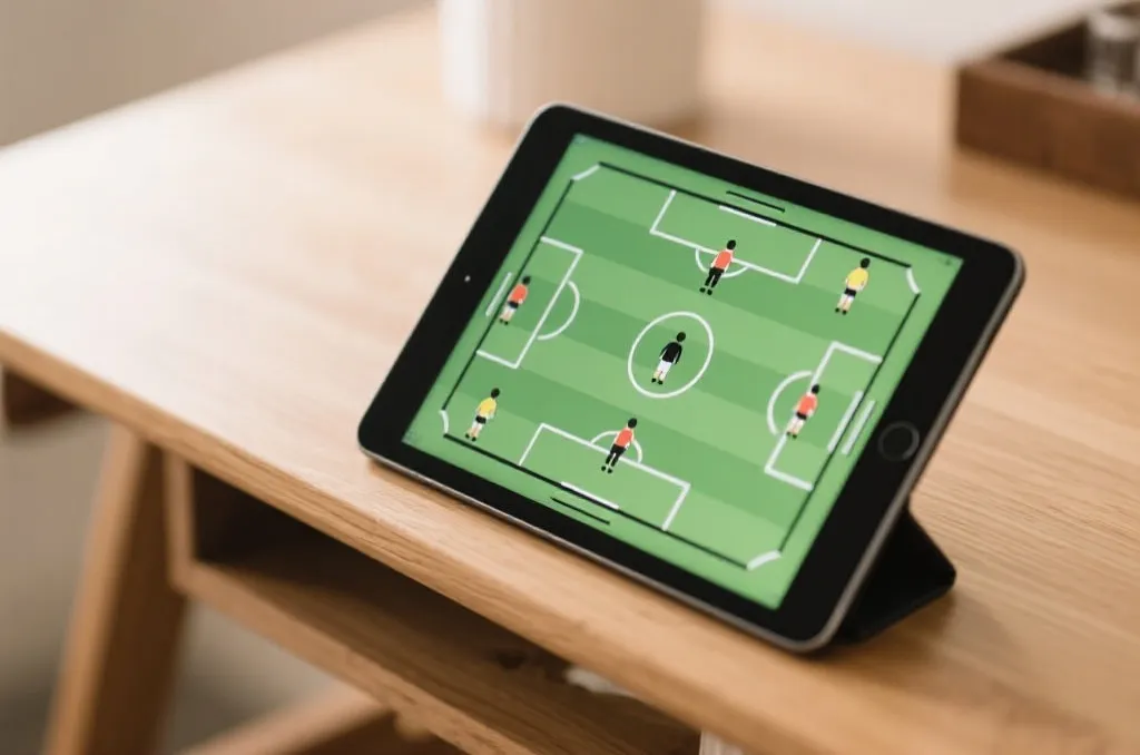 A tablet showing football tactics board on wooden desk