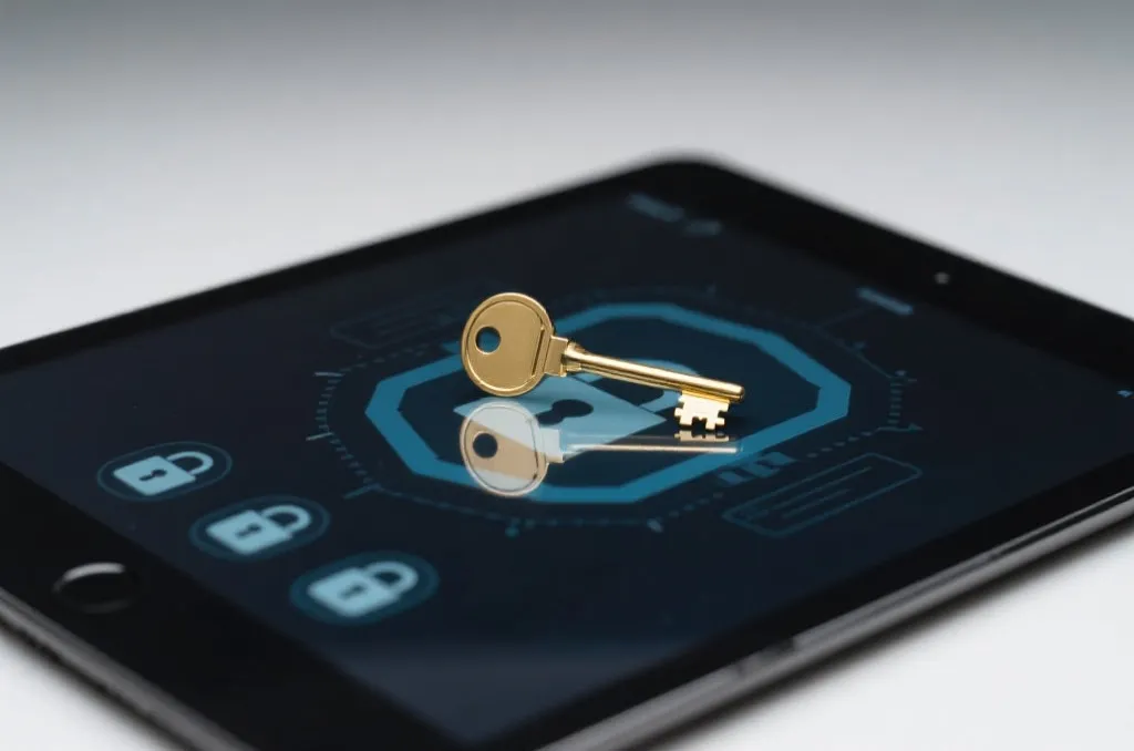 A gold key lying on top of a highly secured digital tablet showing safety lock icons, studio lighting